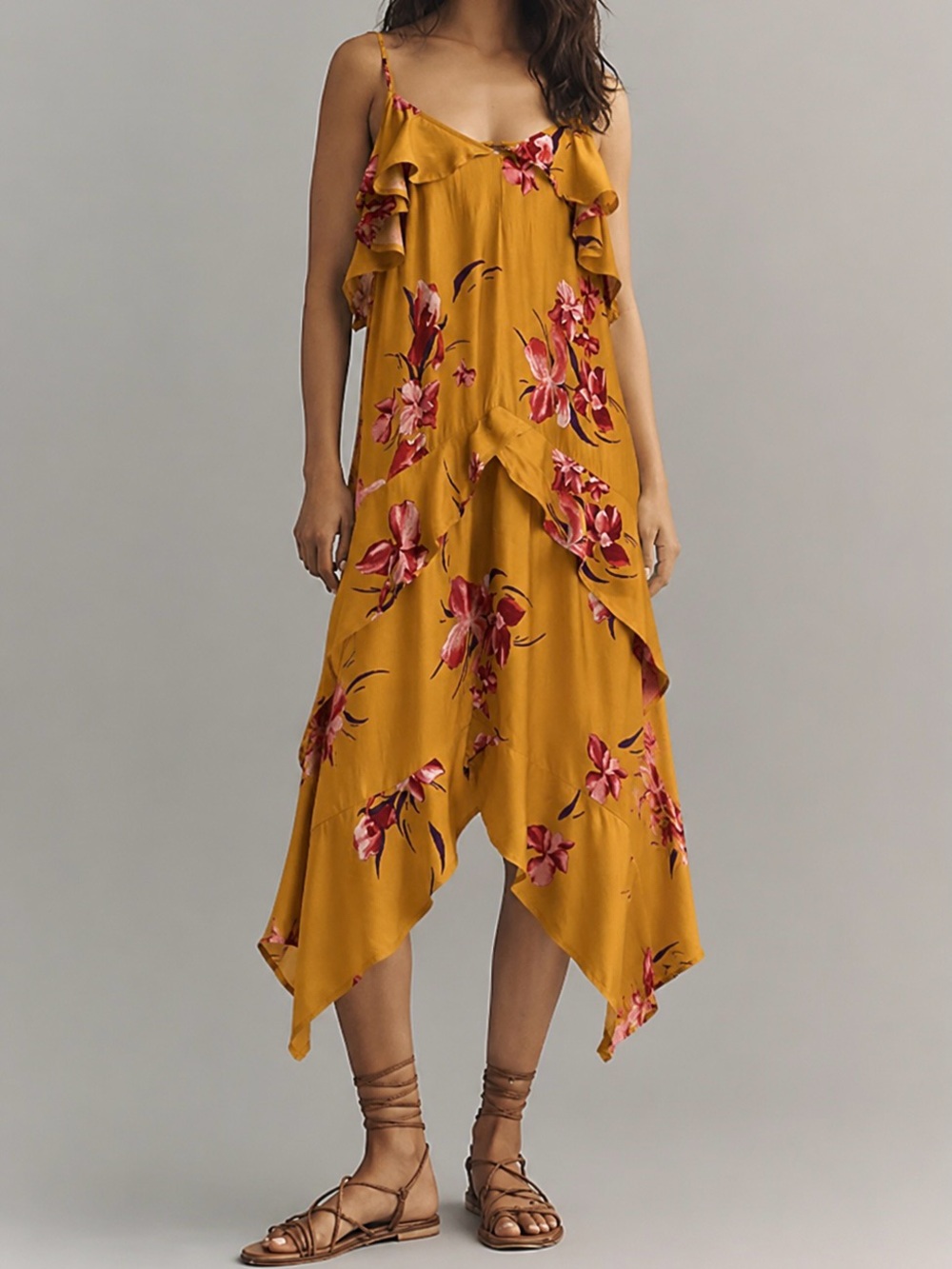 Free Press Midi Sundress Yellow Floral Ruffle Shark Bite Hem Size S